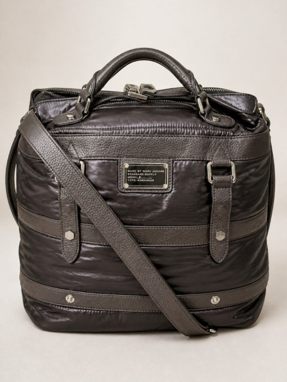 Marc by Marc Jacobs Convertible Metallic Leather Nylon Utility Satchel Crossbody